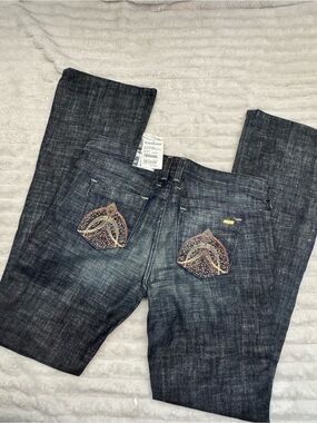 bebe Dark Blue Bootcut Jeans with Embellished Back Pockets